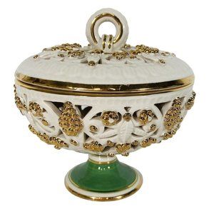 VTG MCM Italian Porcelain Compote Lid Candy Dish Nut Bowl 6” Pierced Marked #499